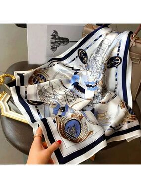 Ladies's Mulberry Silky Scarf Satin Classic Marine Print Blue & White